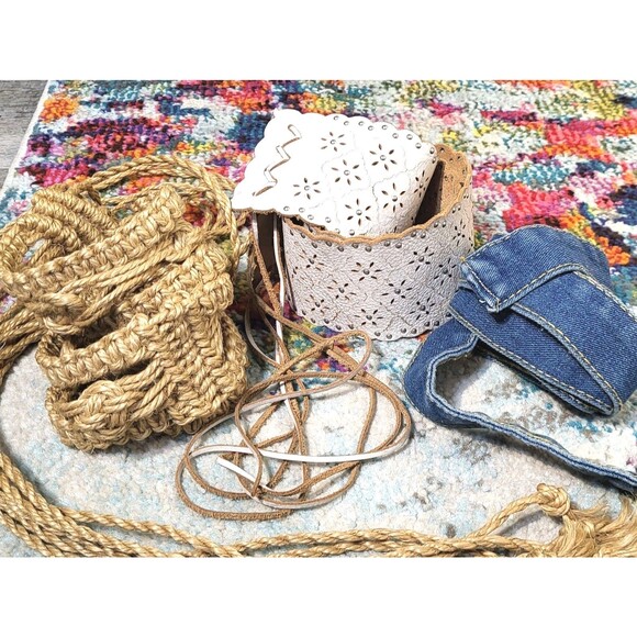 Trio of Boho Tie Back Belts White Cutout Studded Leather, Macrame and Denim main image 10